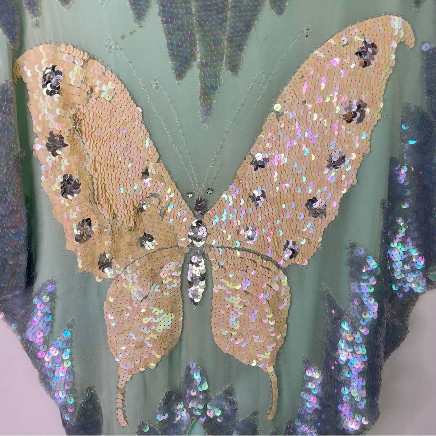 Vintage Butterfly Sequin Top Blue White Silk Small