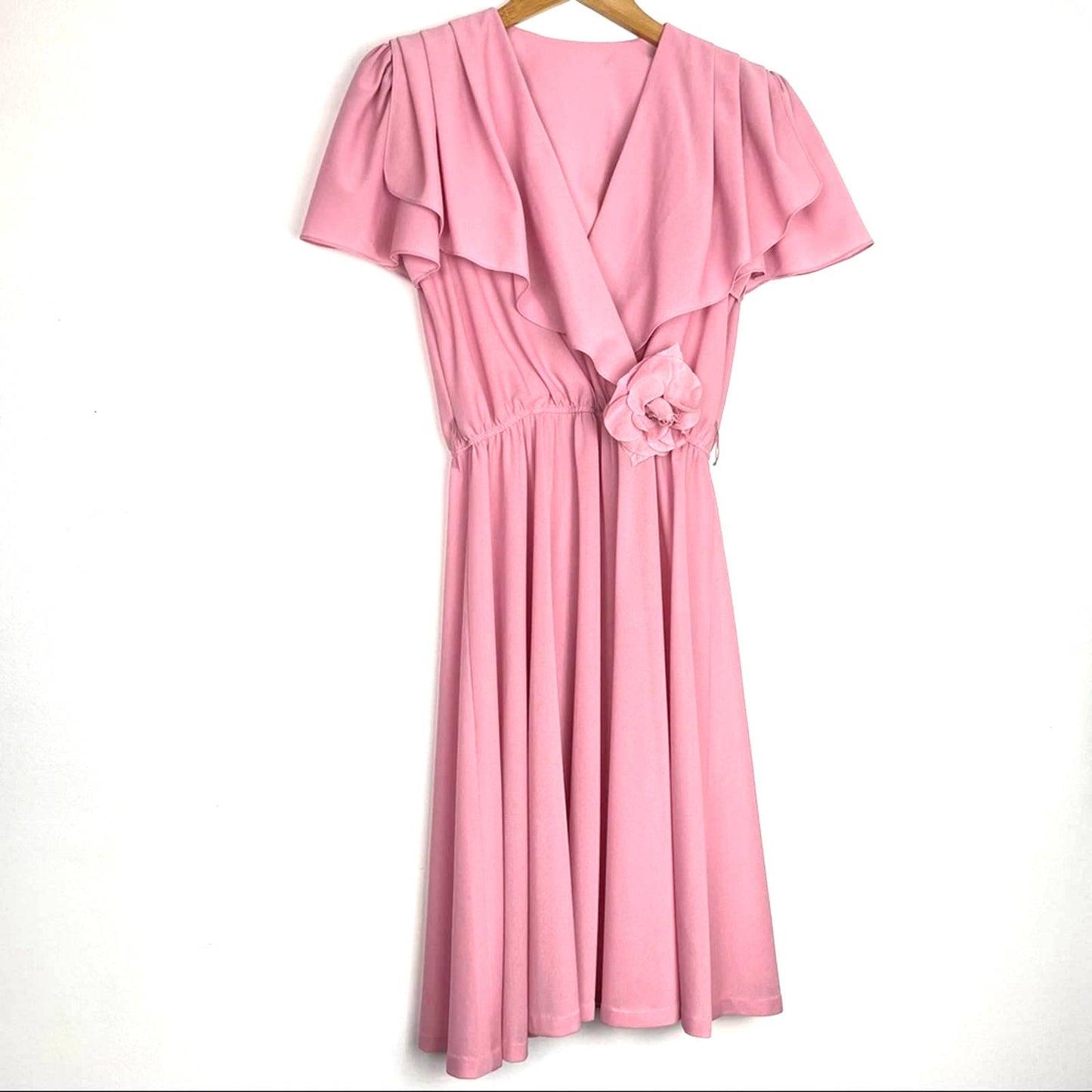 Vintage | 70s Pink Draped Dress Grecian Style Movable Flower