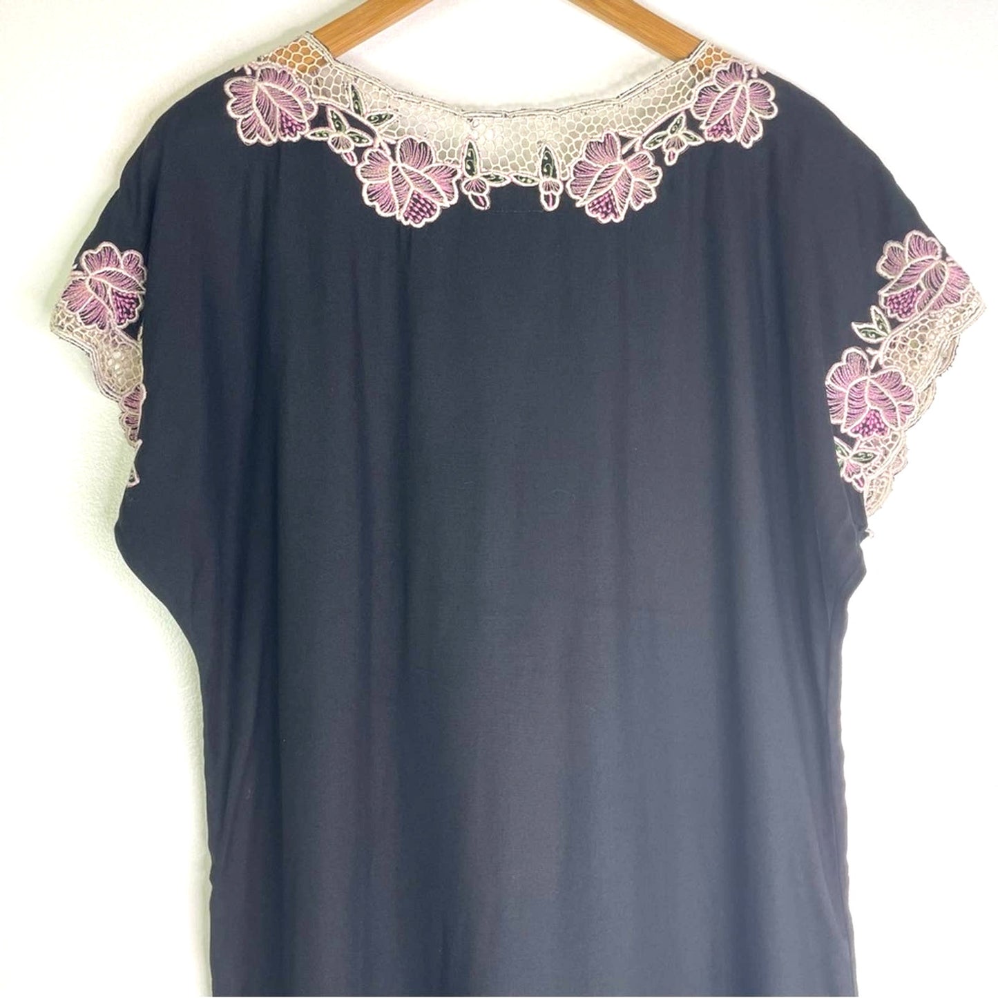 Vintage Embroidered Black Dress  White Floral Lace Rayon Dress Pink Green