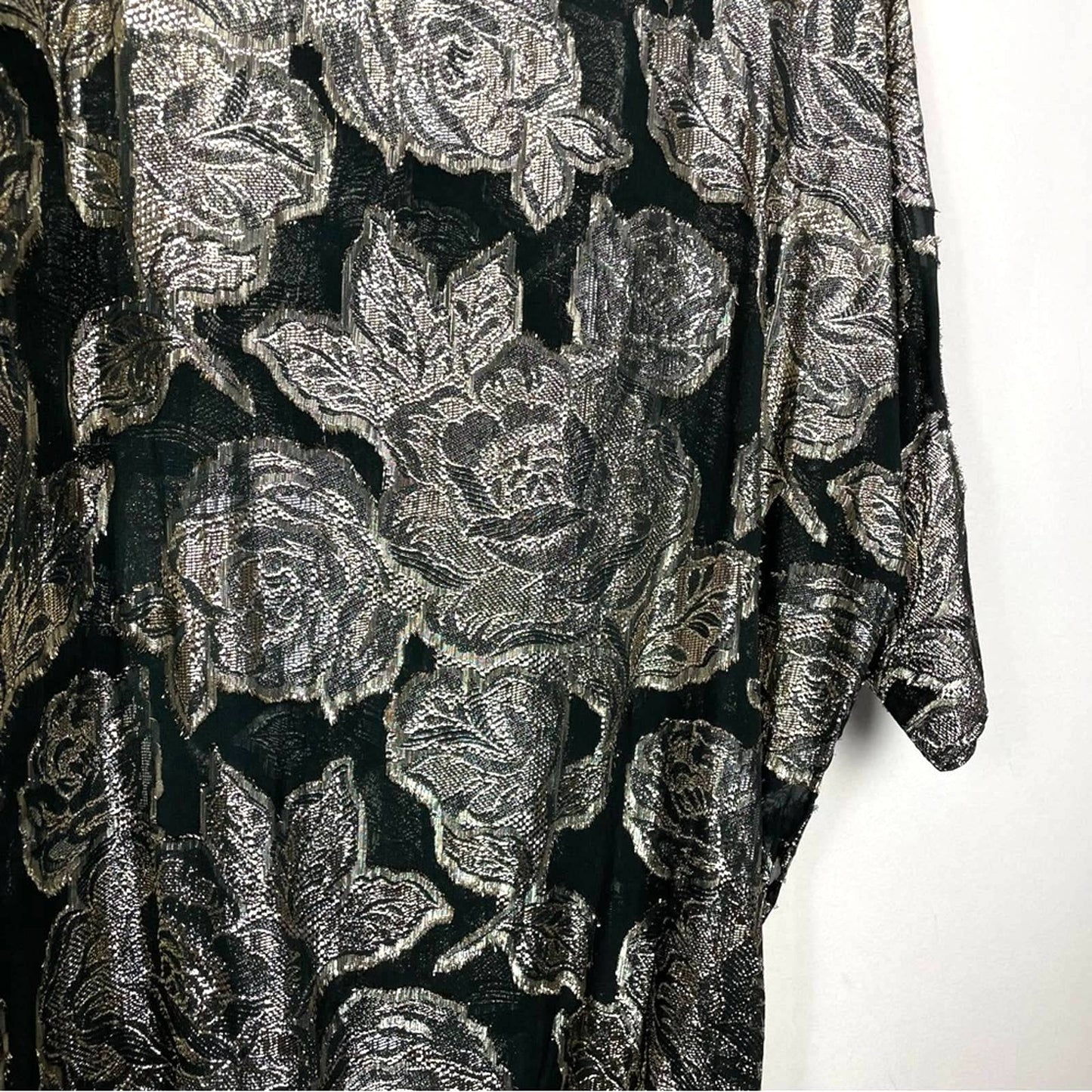 Vintage Silver Sparkling Top Boat Neck Rose Print Celebration Metallic