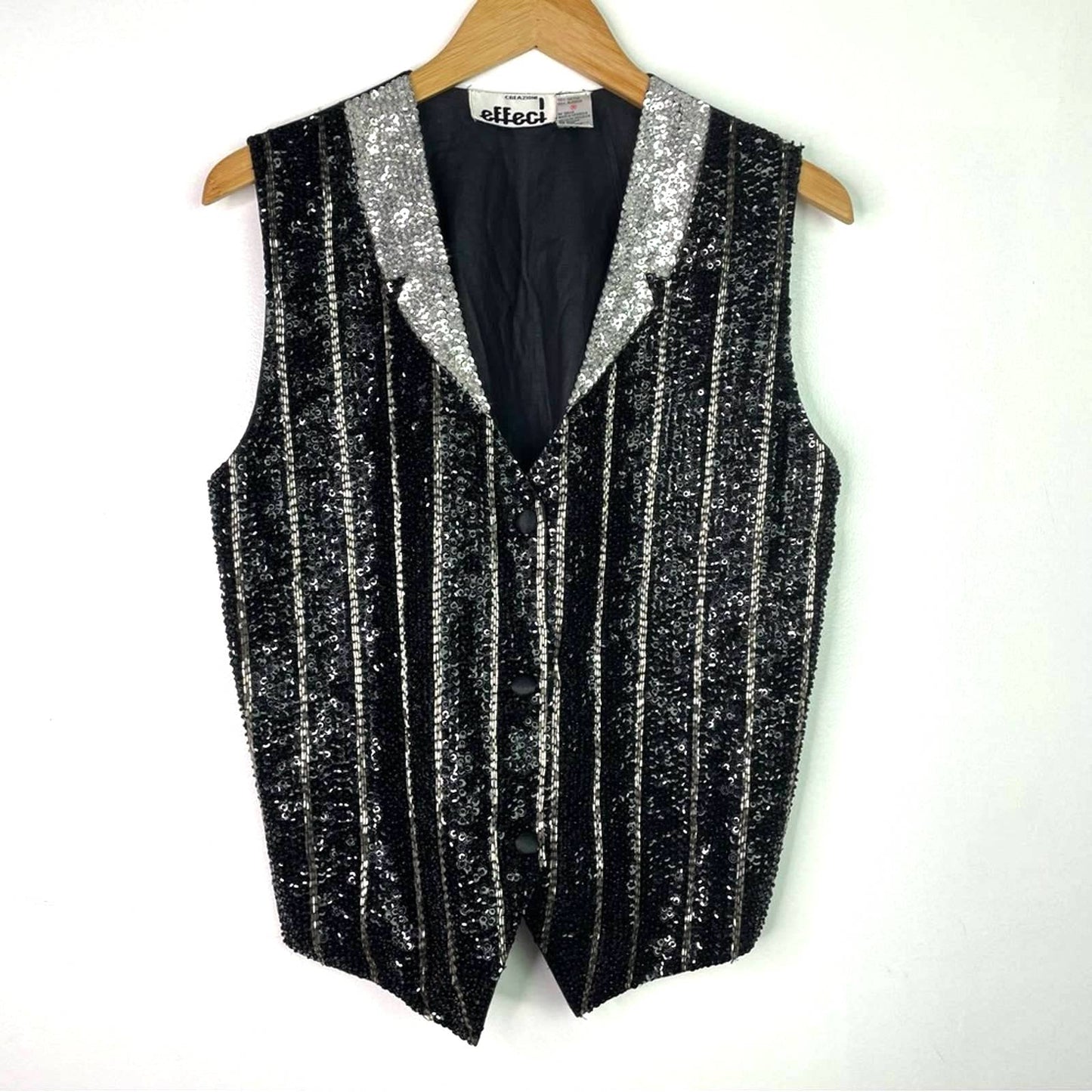 Vintage Sequin Vest Tuxedo Black & Silver Stripes M