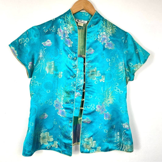 Vintage Silk Top Asian Style Button Down Blouse Blue