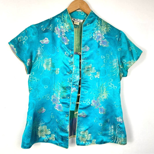 Vintage Silk Top Asian Style Button Down Blouse Blue