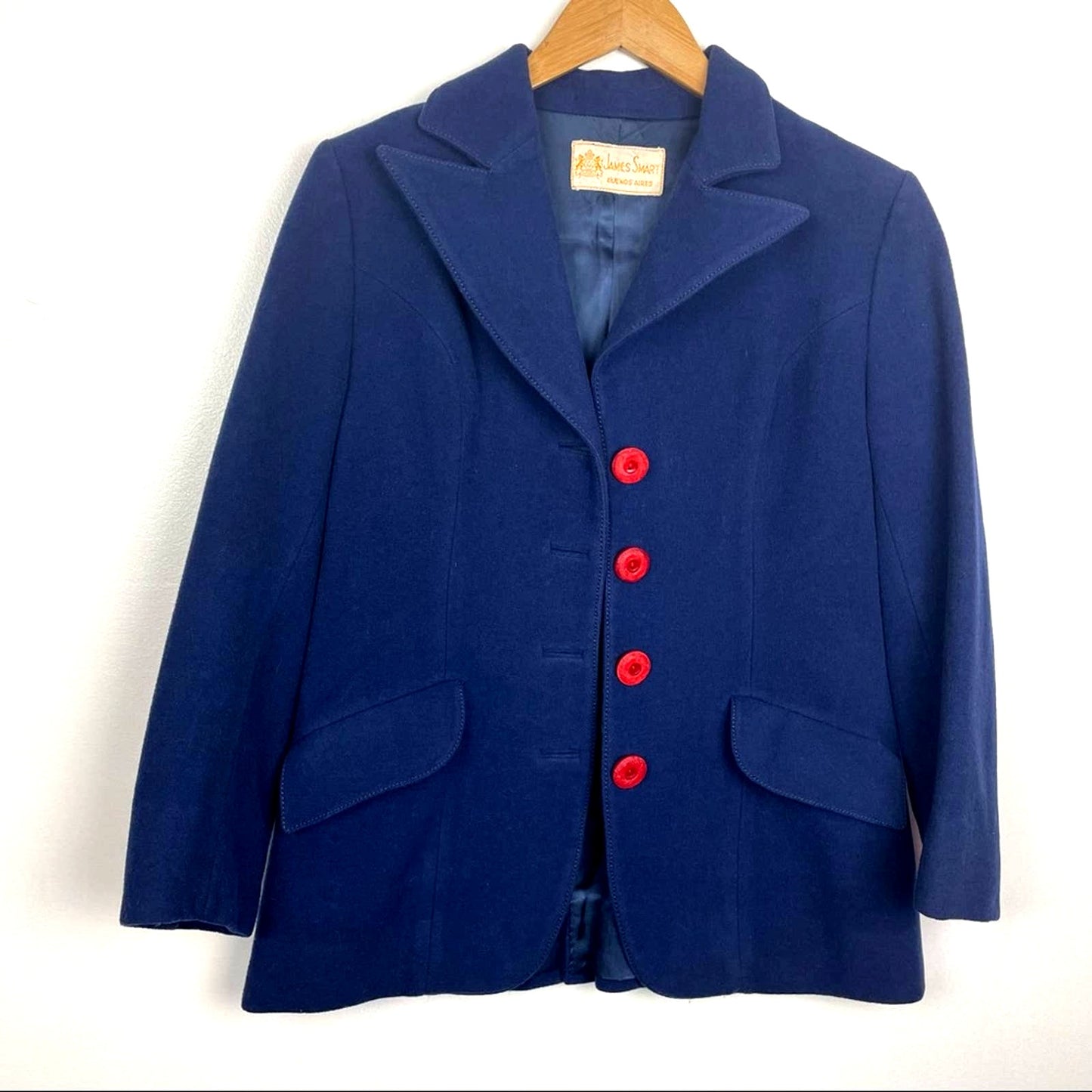 Wool Blue Blazer Red Buttons Vintage James Smart Medium