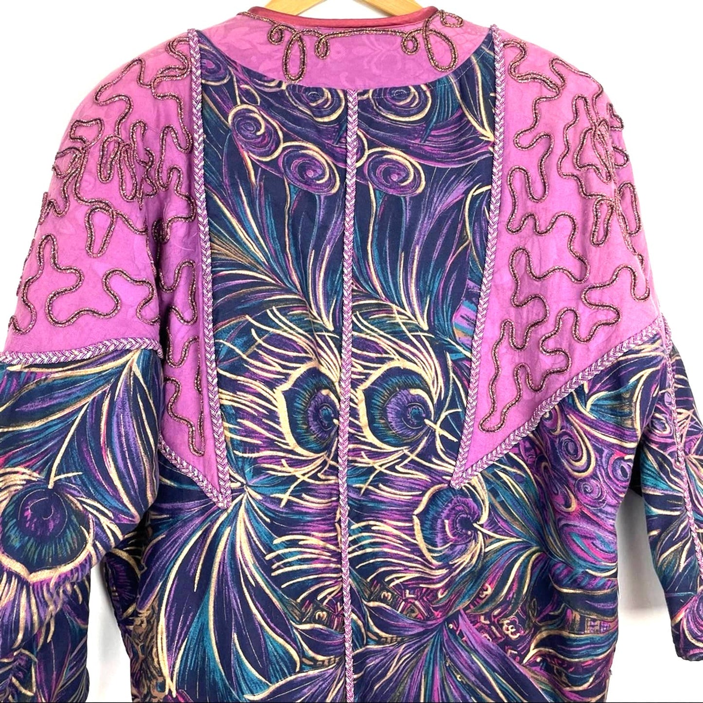 Vintage | Purple Jacket Peacock Print Boho Ribbon XL