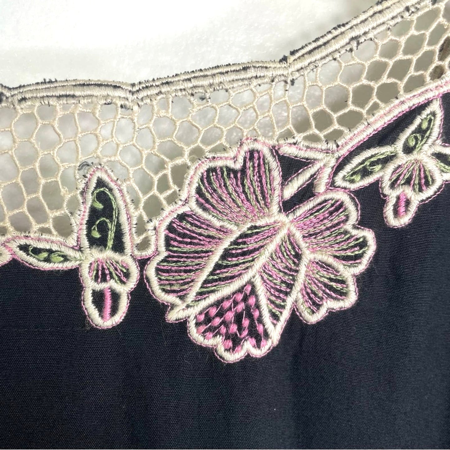 Vintage Embroidered Black Dress  White Floral Lace Rayon Dress Pink Green