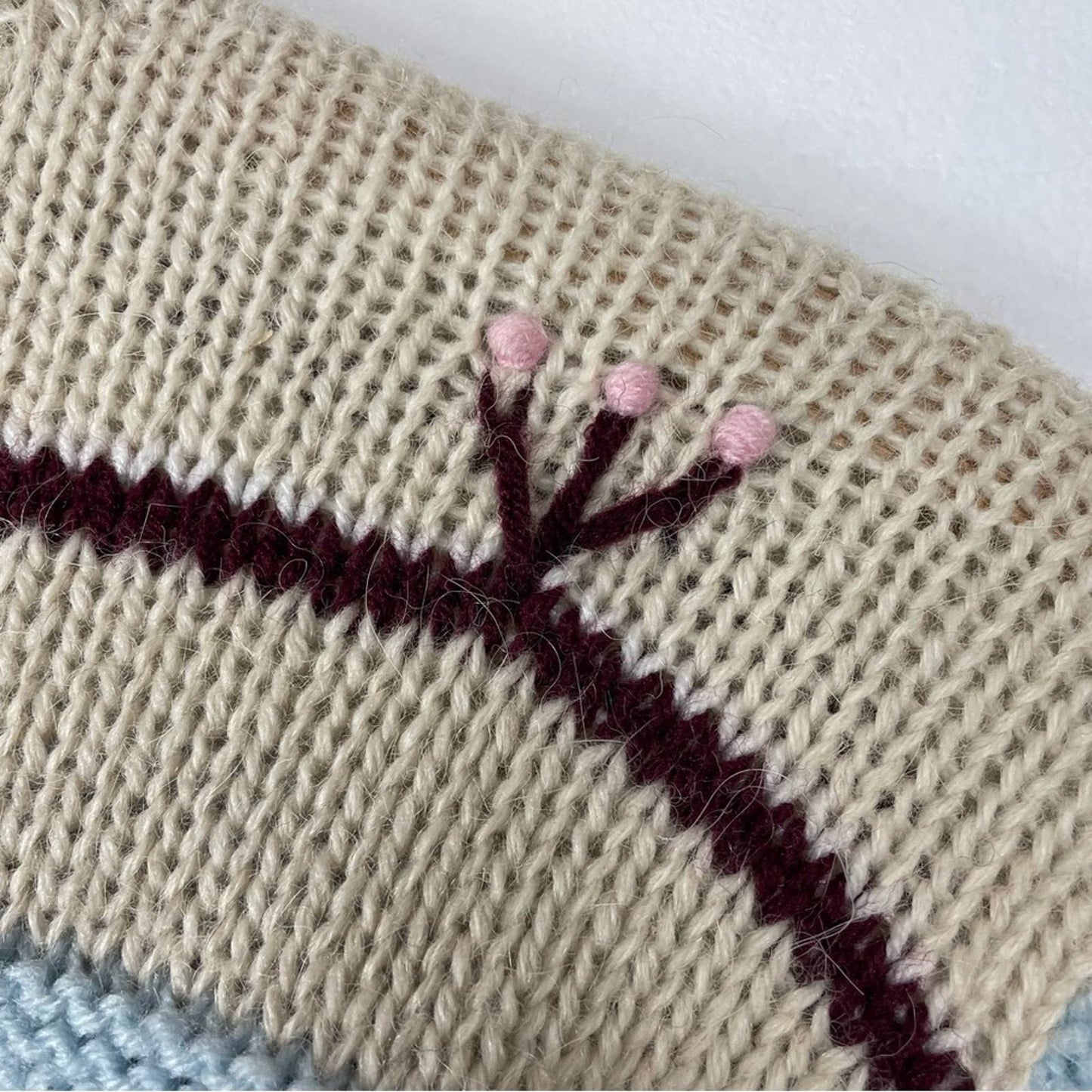 Vintage Alpaca Sweater Handmade Knit Floral Details Gray Beige Pink Blue