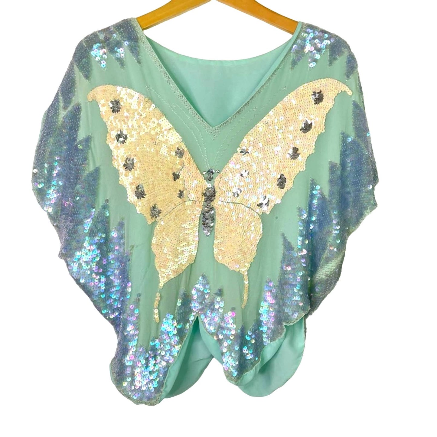 Vintage Butterfly Sequin Top Blue White Silk Small