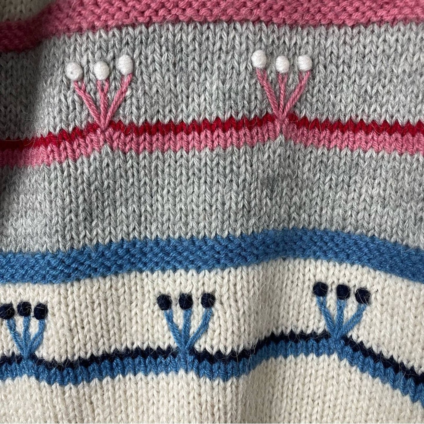 Vintage Alpaca Sweater Handmade Knit Floral Details Gray Beige Pink Blue