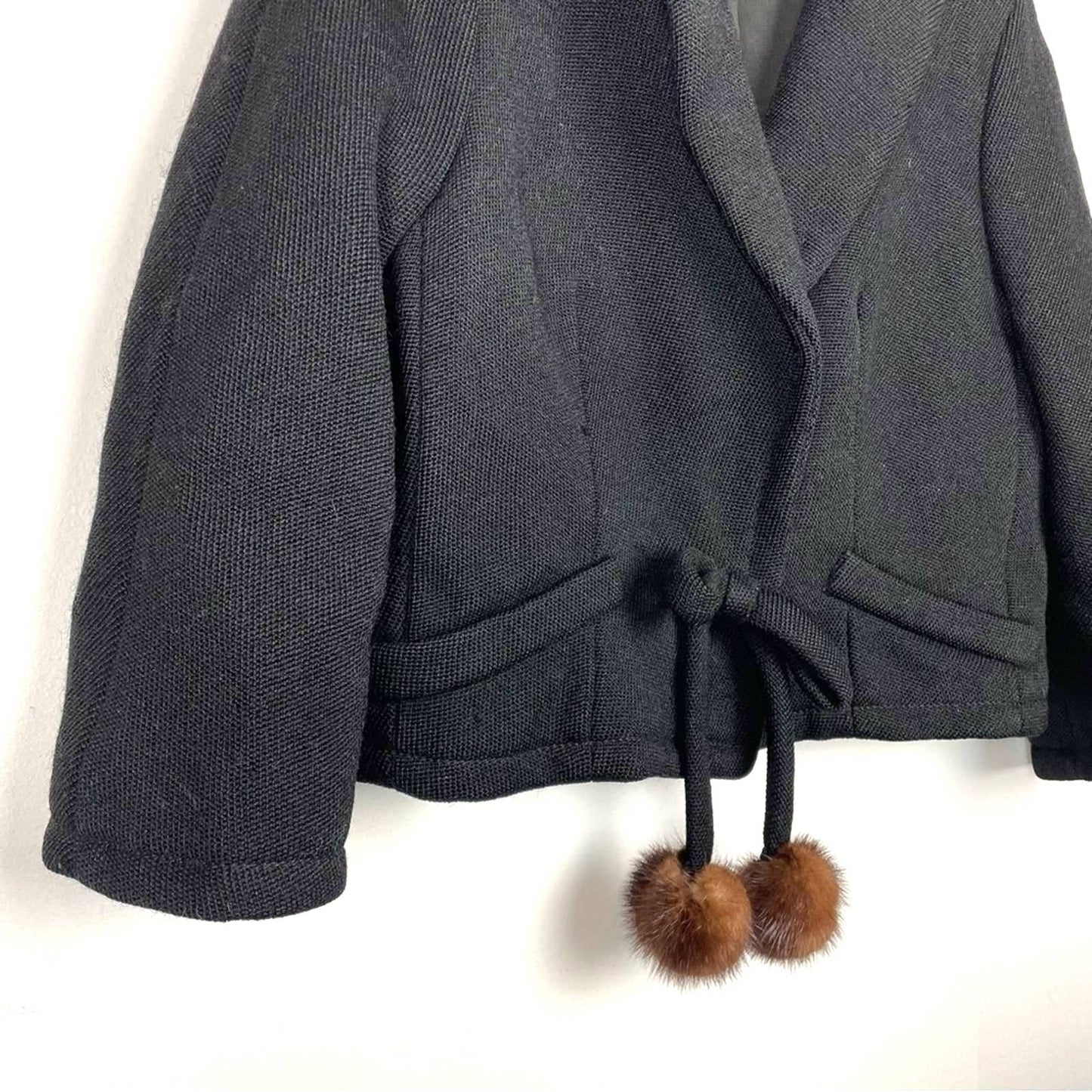 Vintage Black Wool Cardigan Jacket Fur Balls Bow Knit