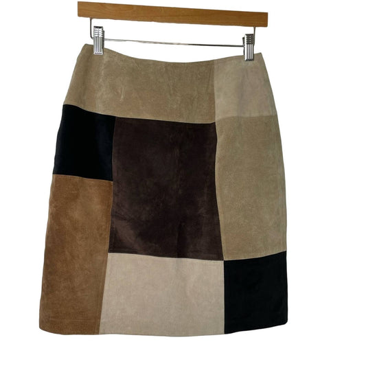 Leather Skirt Suede Brown Tan Black Block Print