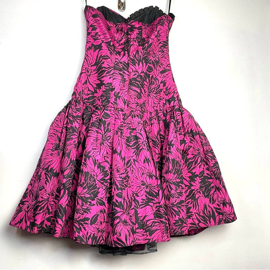 Vintage 1980s Party Dress Pink Black Strapless Big Bow Prom Barbiecore