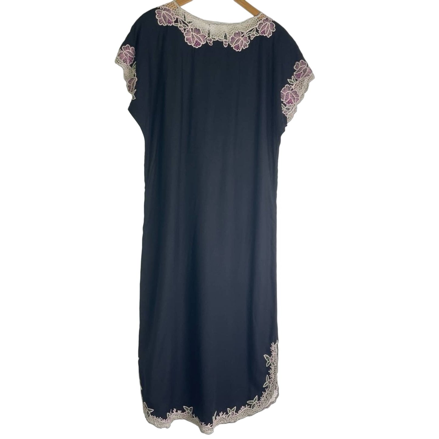 Vintage Embroidered Black Dress  White Floral Lace Rayon Dress Pink Green