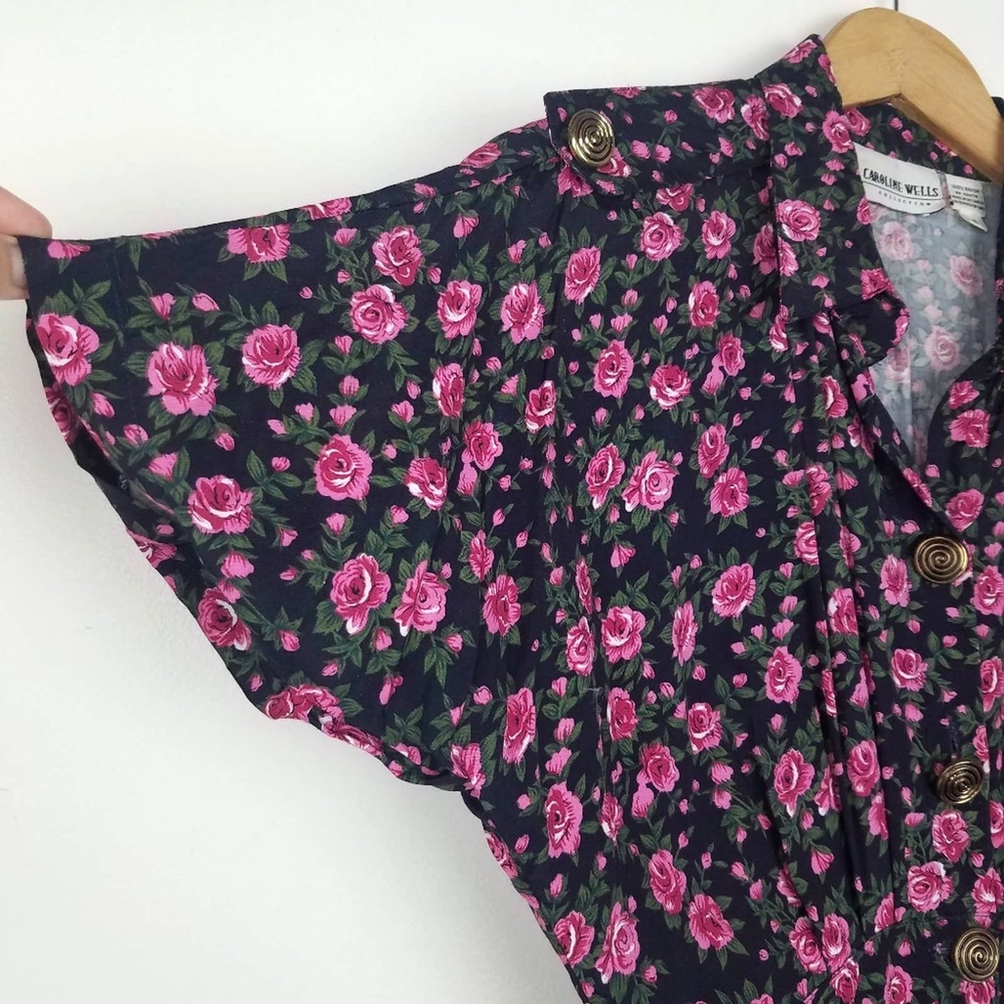 Vintage Pink Rose Print Shirt Dress Black Gold Buttons 8