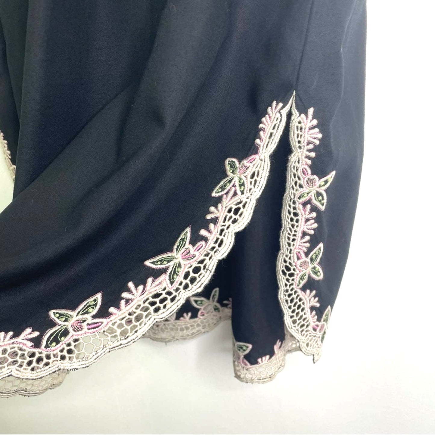 Vintage Embroidered Black Dress  White Floral Lace Rayon Dress Pink Green