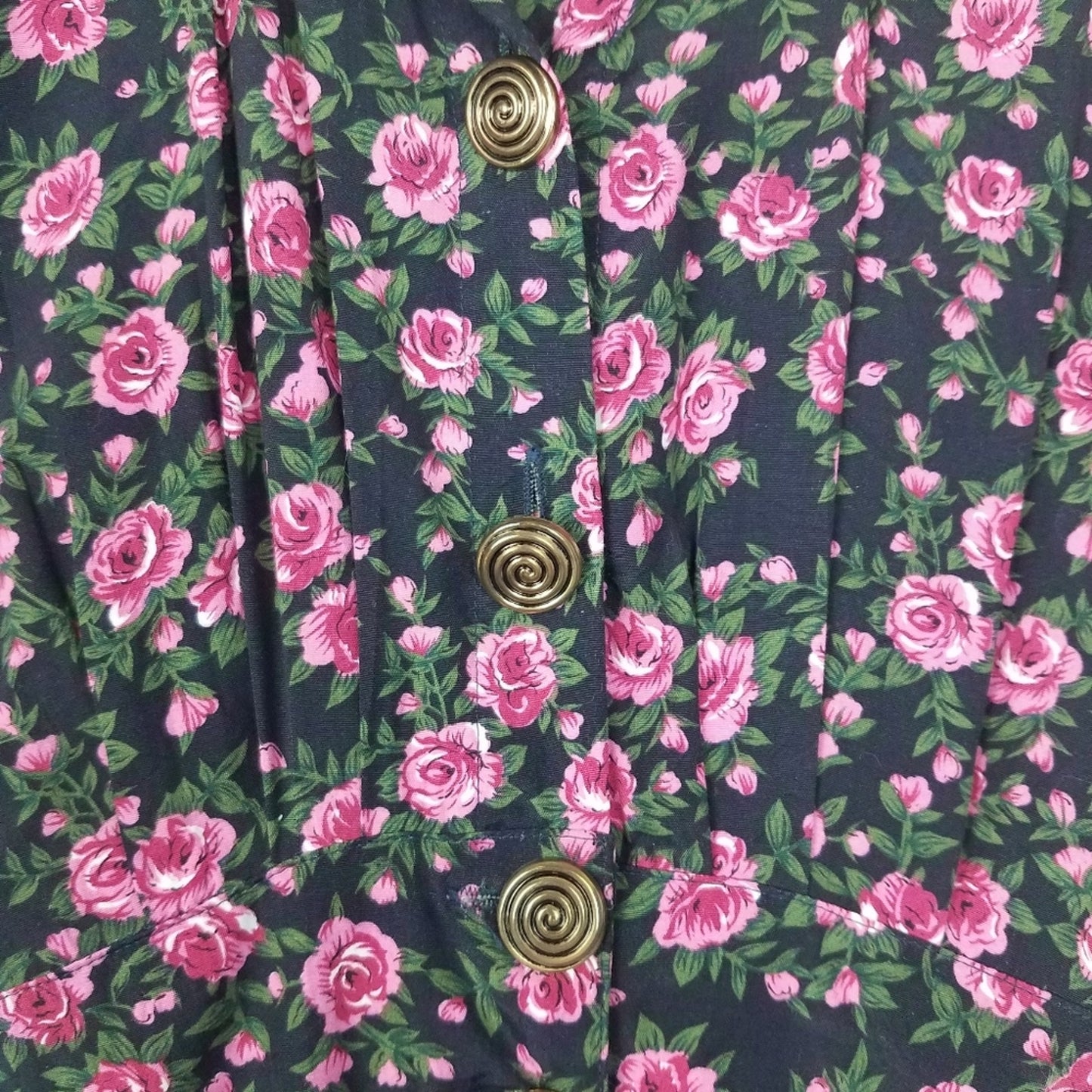 Vintage Pink Rose Print Shirt Dress Black Gold Buttons 8