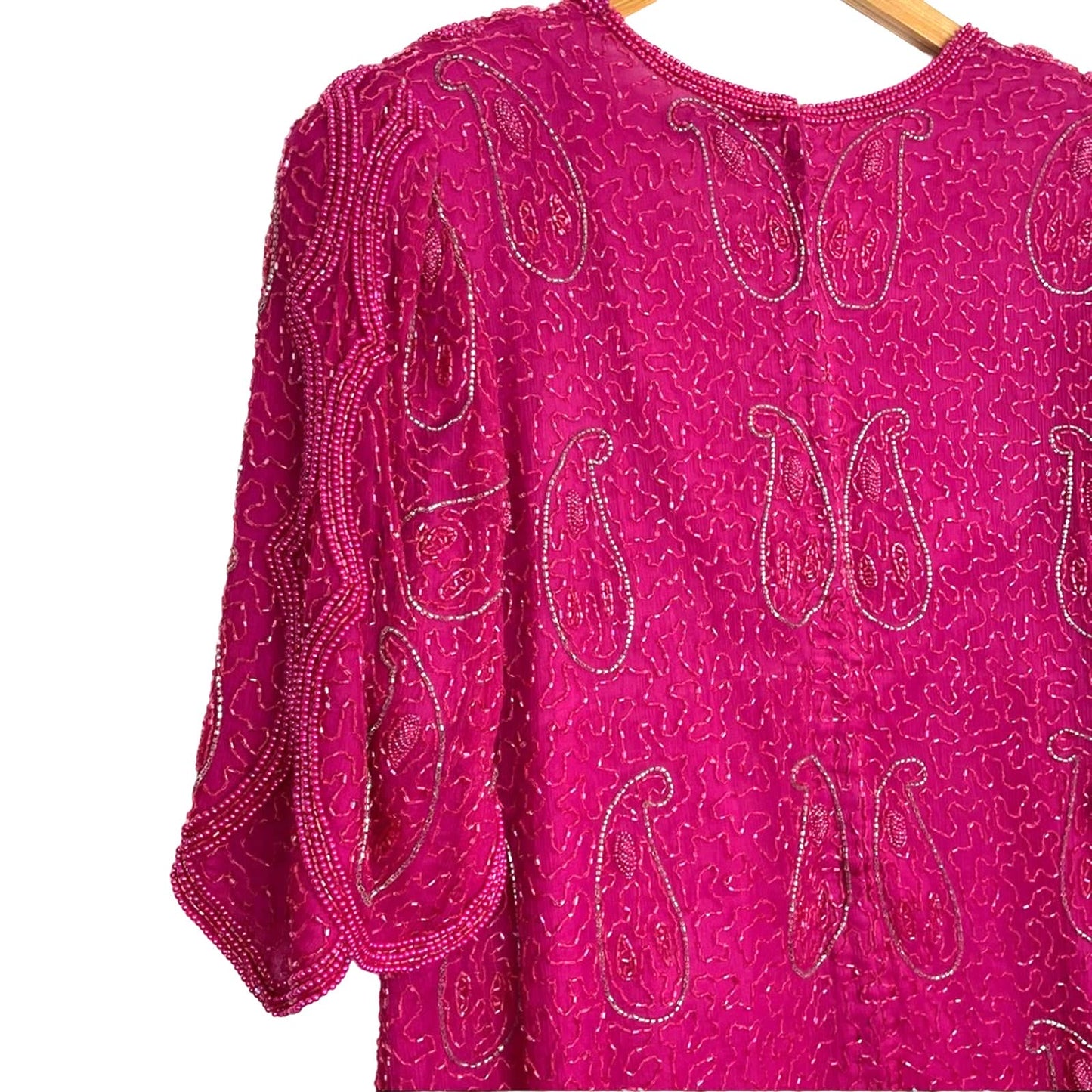 Vintage 100% Silk Hot Pink Beaded Top Blouse 1980s