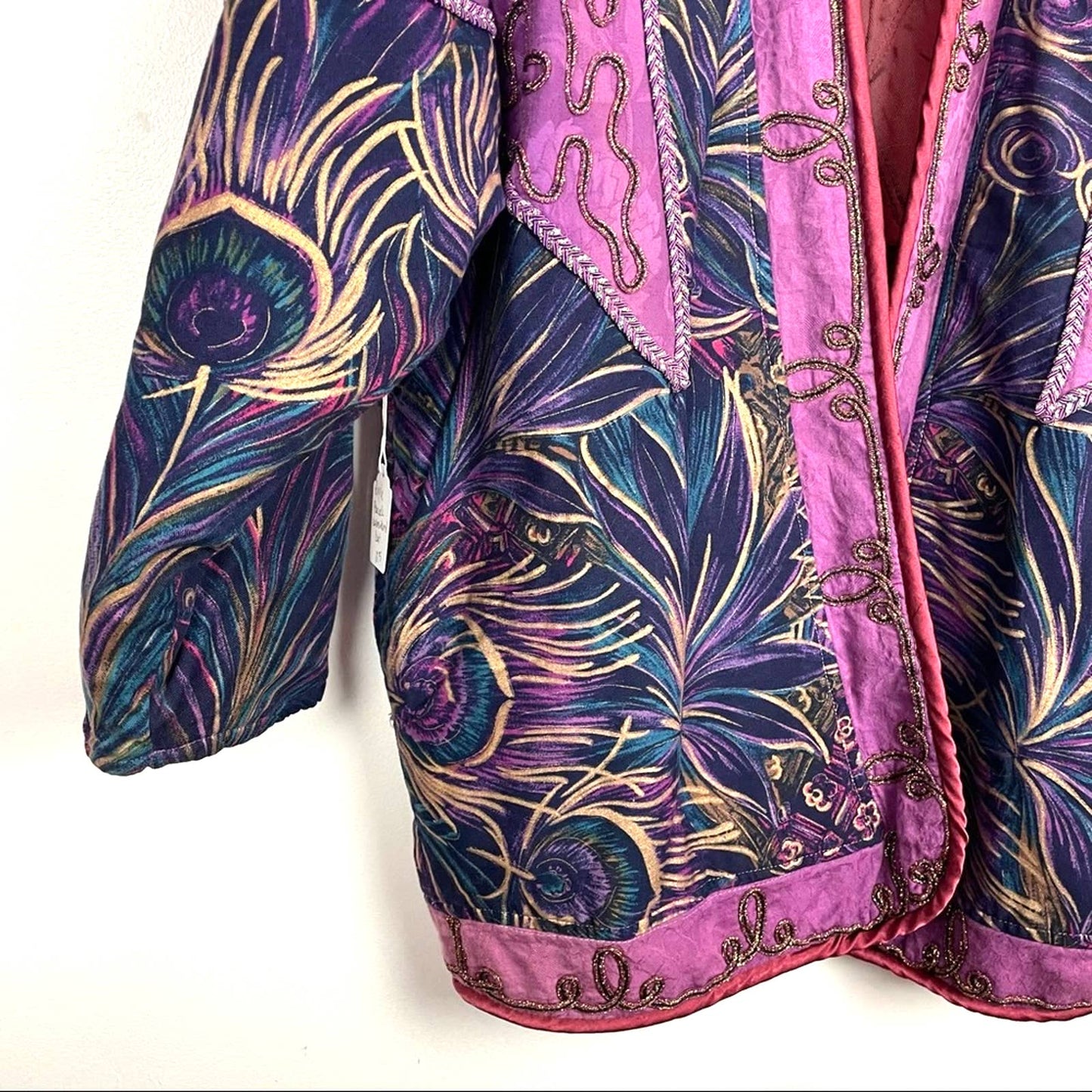 Vintage | Purple Jacket Peacock Print Boho Ribbon XL