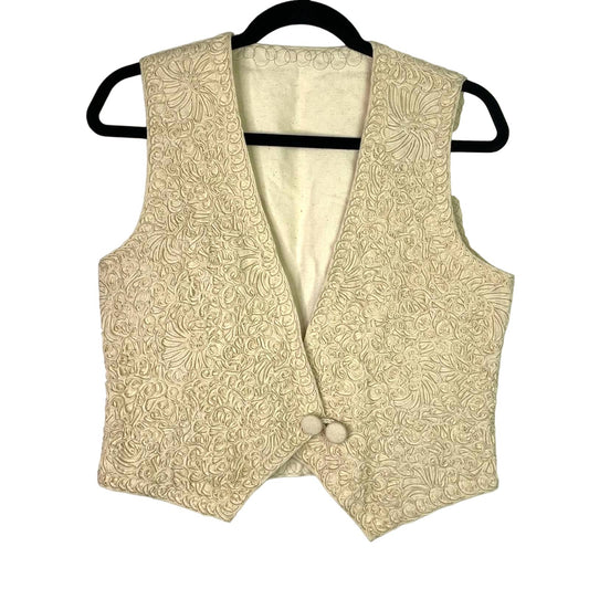 Vintage Cream Vest Ribbon Squiggle Floral Pattern M