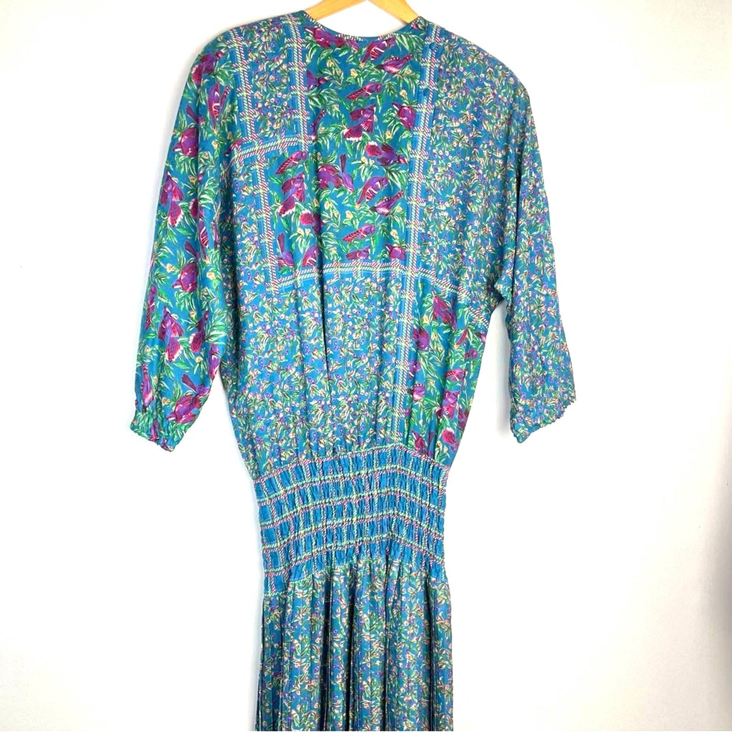 Vintage | Diane Freis Dress Blue Floral and Bird Pattern