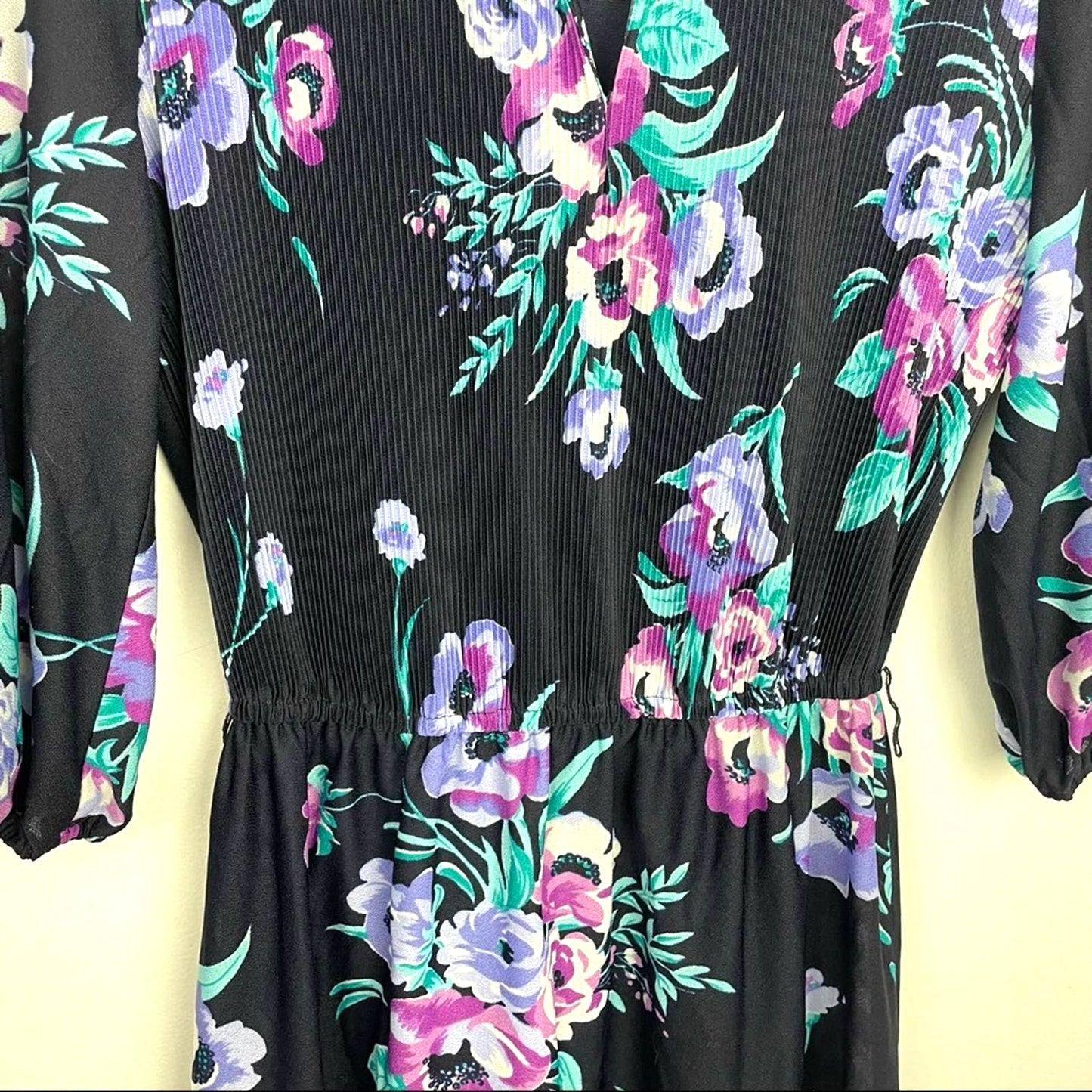 Vintage Floral Dress 1970s California Black Purple Small