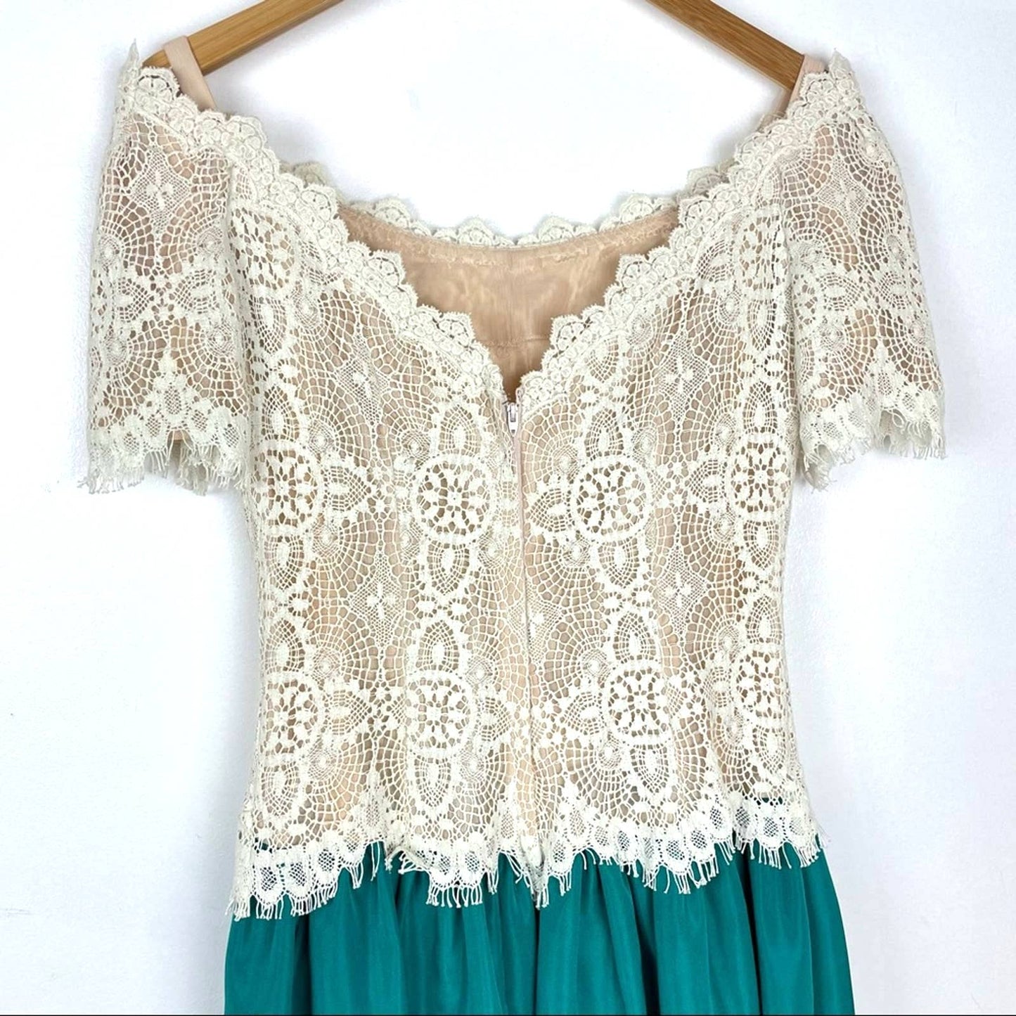 House of Bianchi | Vintage Lace Dress Off the Shoulder Formal Green Skirt