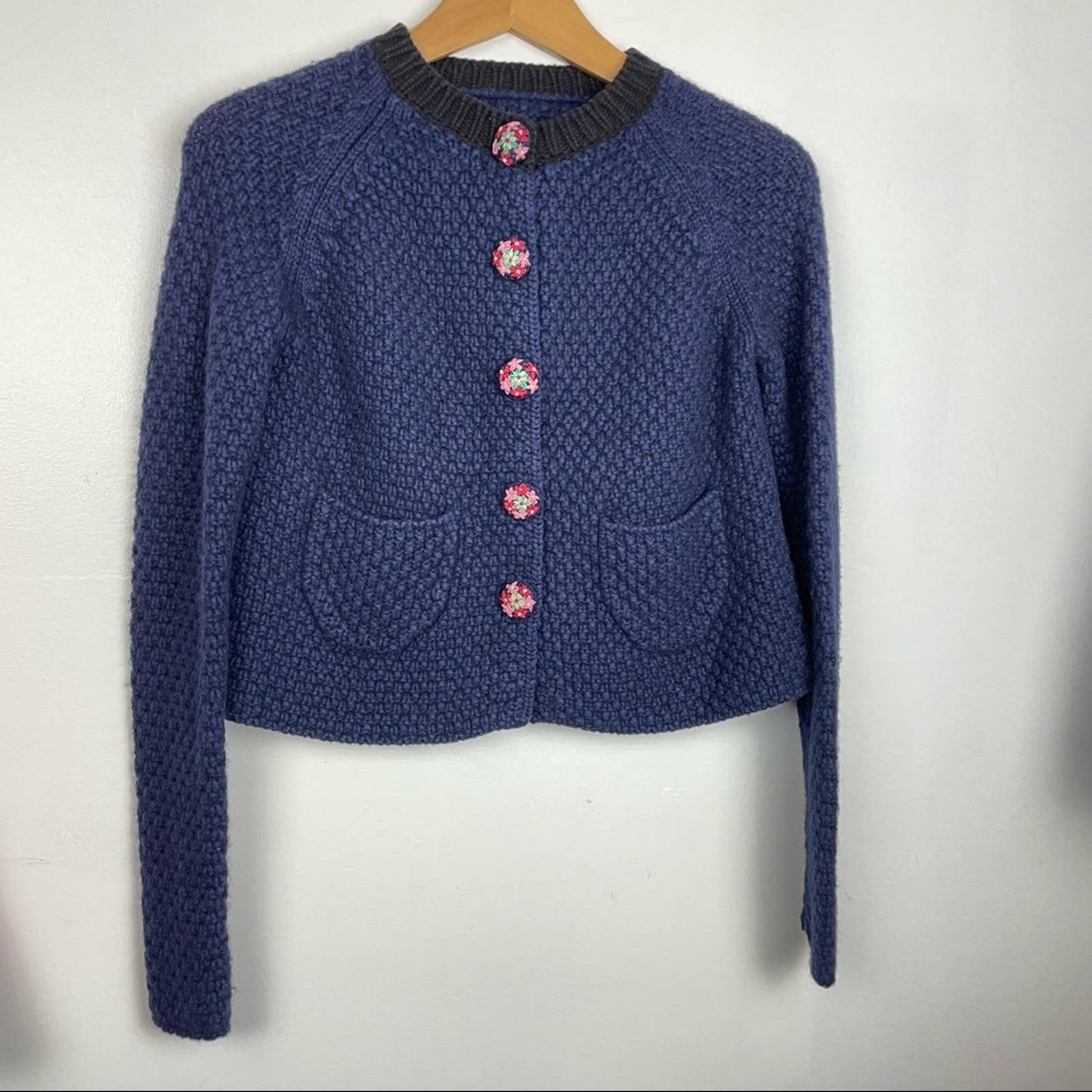 Blue Knit Cardigan Sweater Embroidered Buttons Cotton Wool Blend