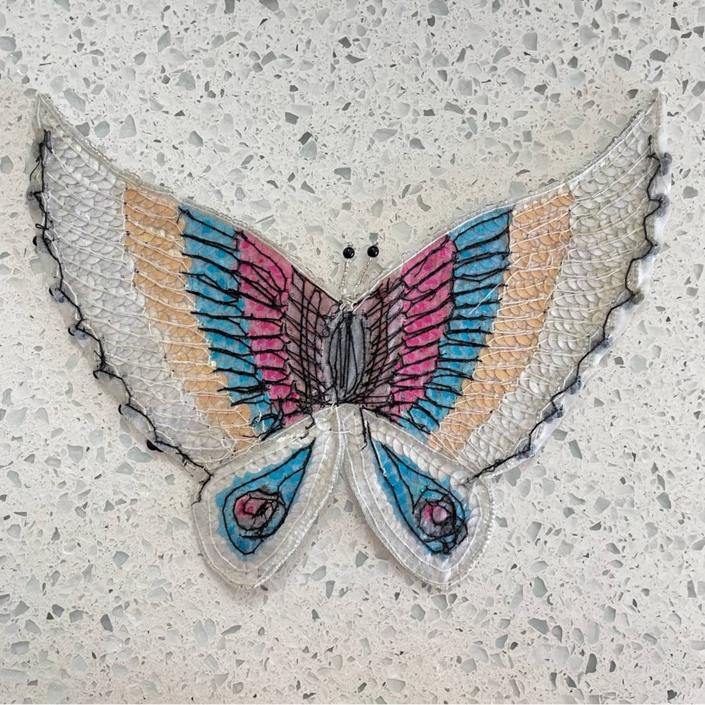 Vintage Butterfly Sequin Patch Large Light Blue Turquoise & Dark Blue