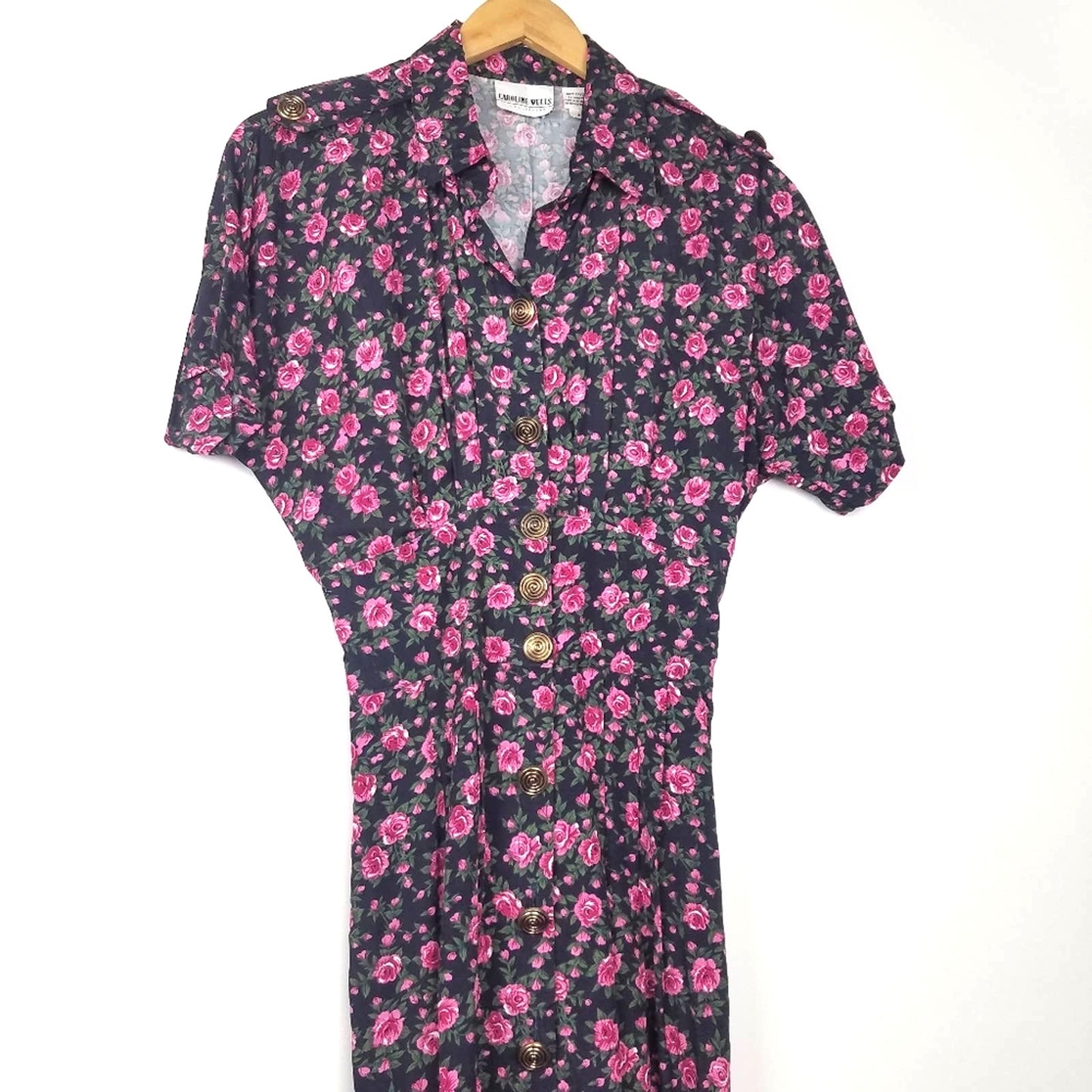 Vintage Pink Rose Print Shirt Dress Black Gold Buttons 8