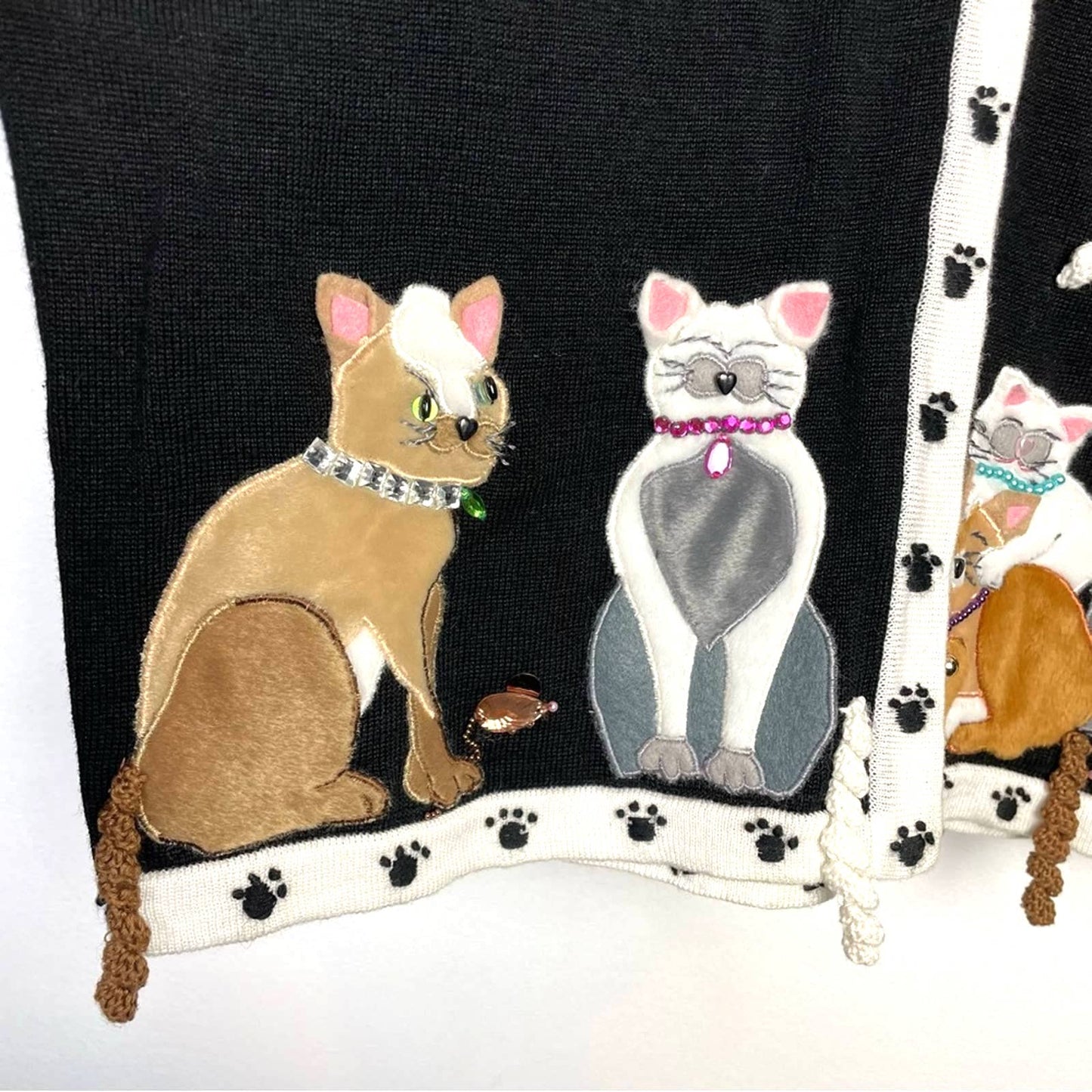 Cat Sweater Novelty 3D Fuzzy Jeweled Black & White Cardigan