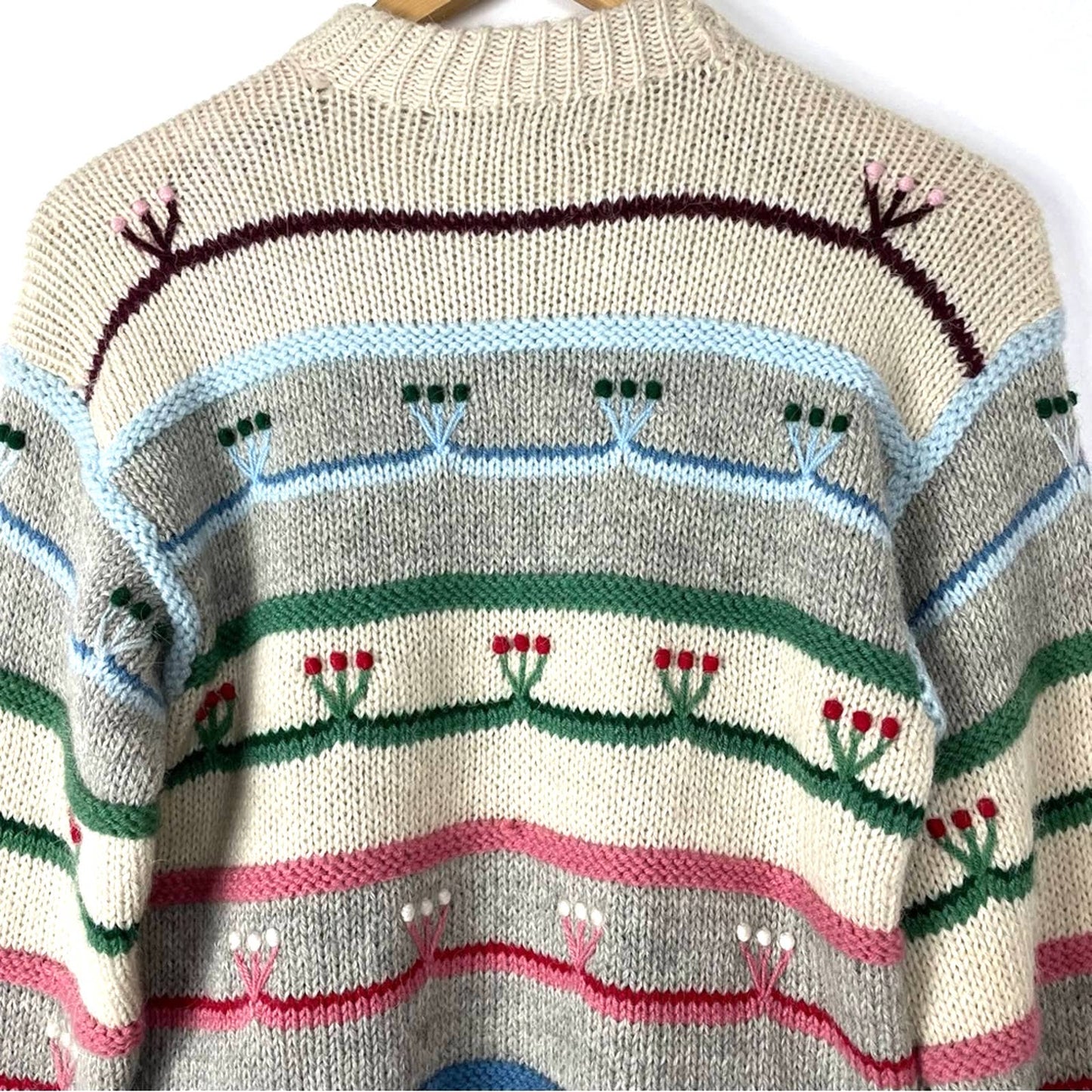 Vintage Alpaca Sweater Handmade Knit Floral Details Gray Beige Pink Blue