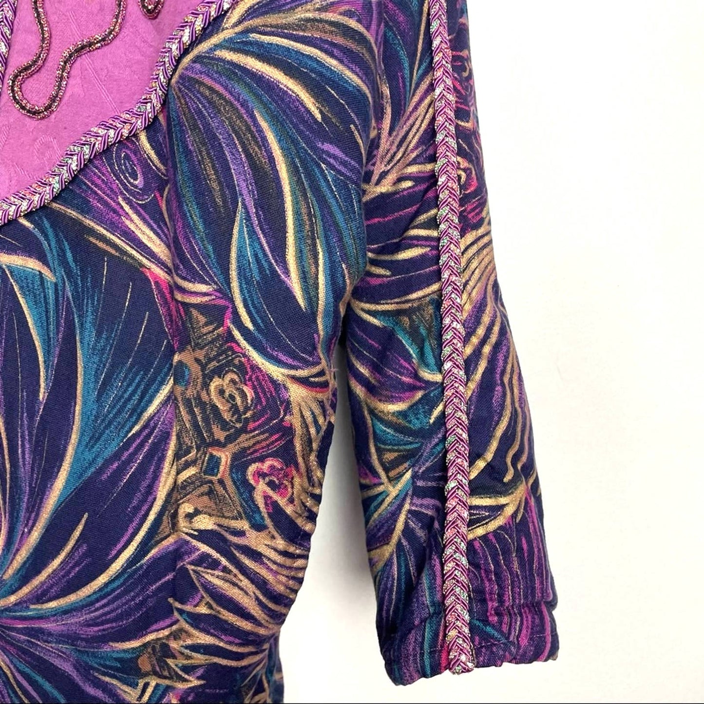 Vintage | Purple Jacket Peacock Print Boho Ribbon XL