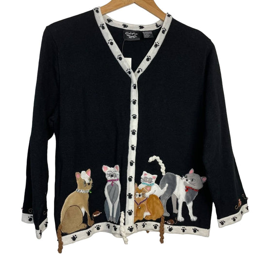 Cat Sweater Novelty 3D Fuzzy Jeweled Black & White Cardigan