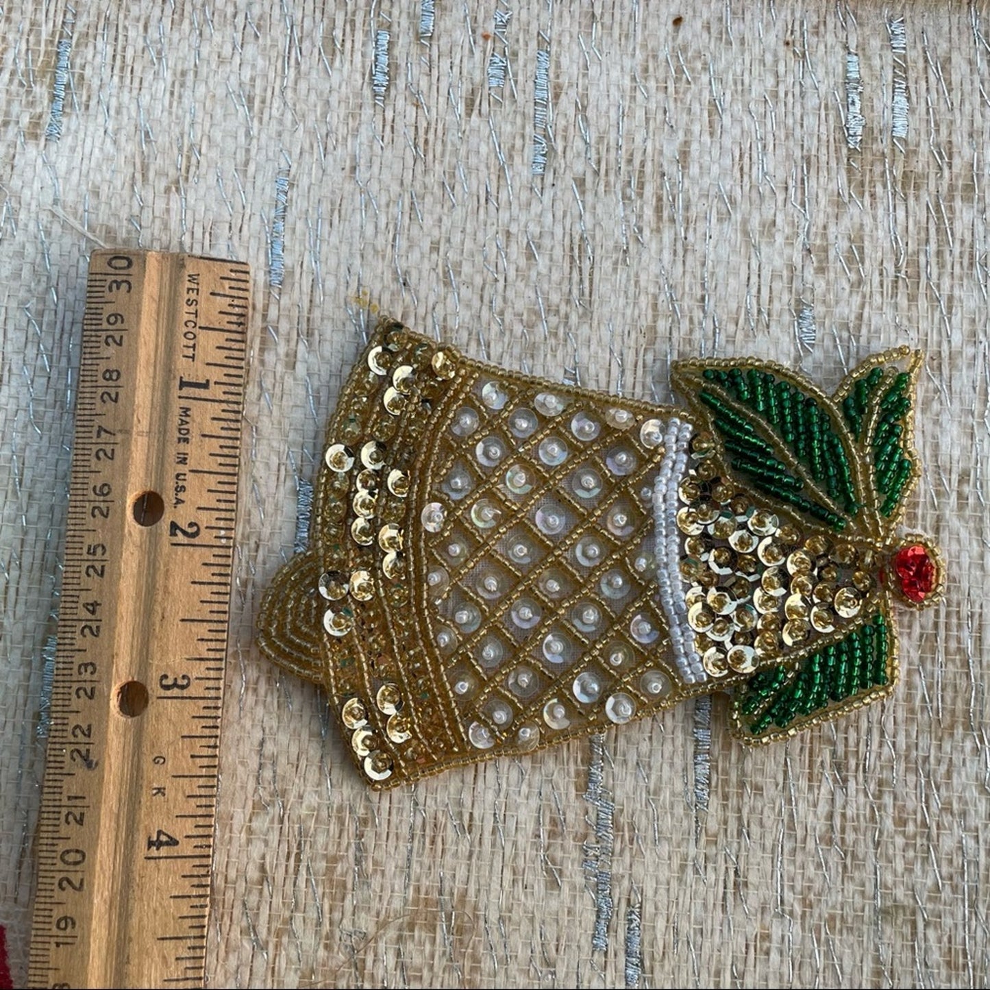 Vintage Christmas Bell Patch Embellishment Sequin Beaded Pin Holiday