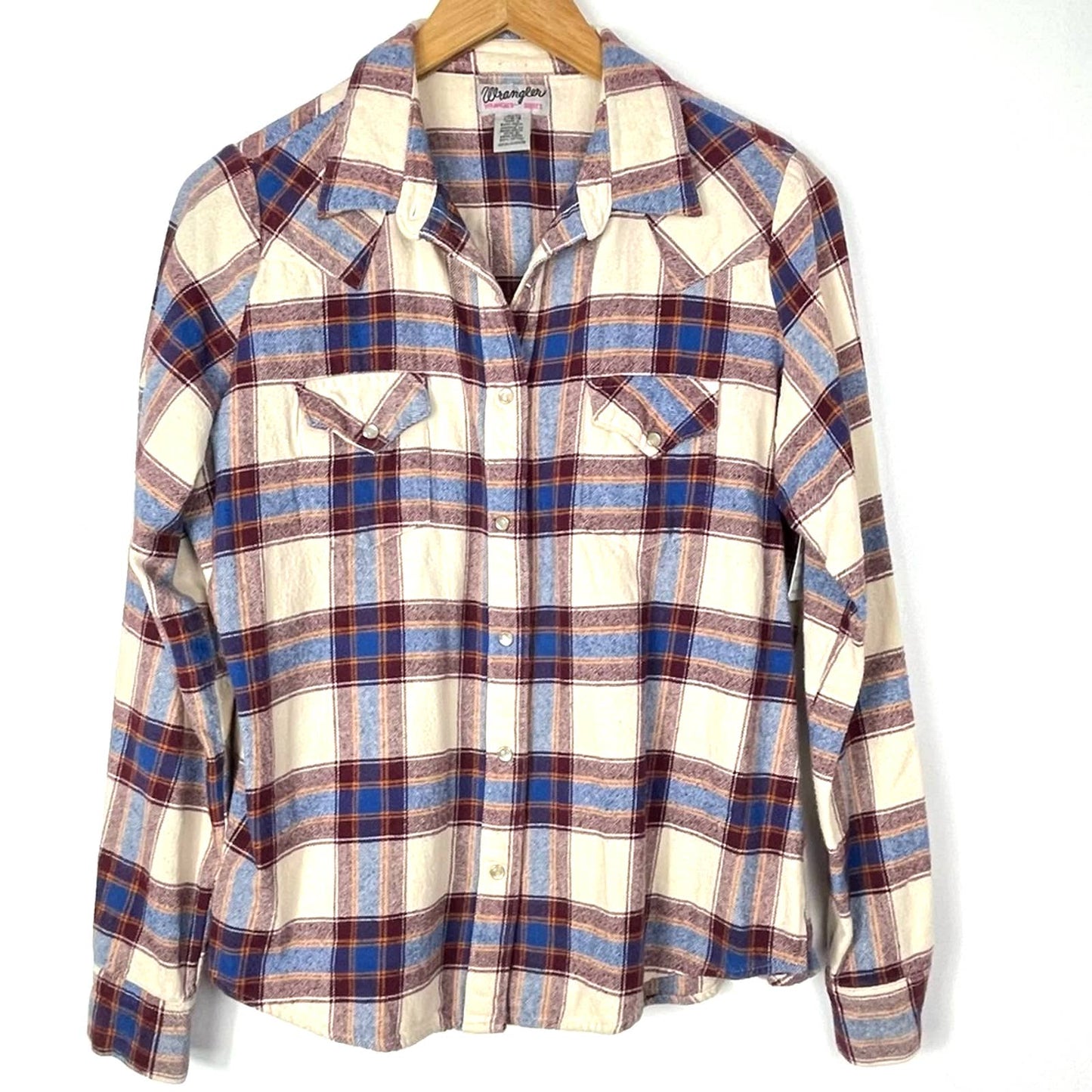 Vintage Wrangler Flannel Shirt Plaid Blue Cream Large