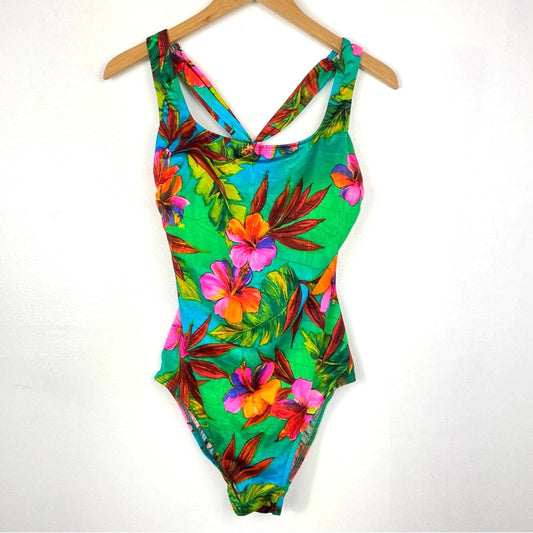 Vintage Tropical Bathing Suit One Piece Pink Green Floral Hawaiian 14