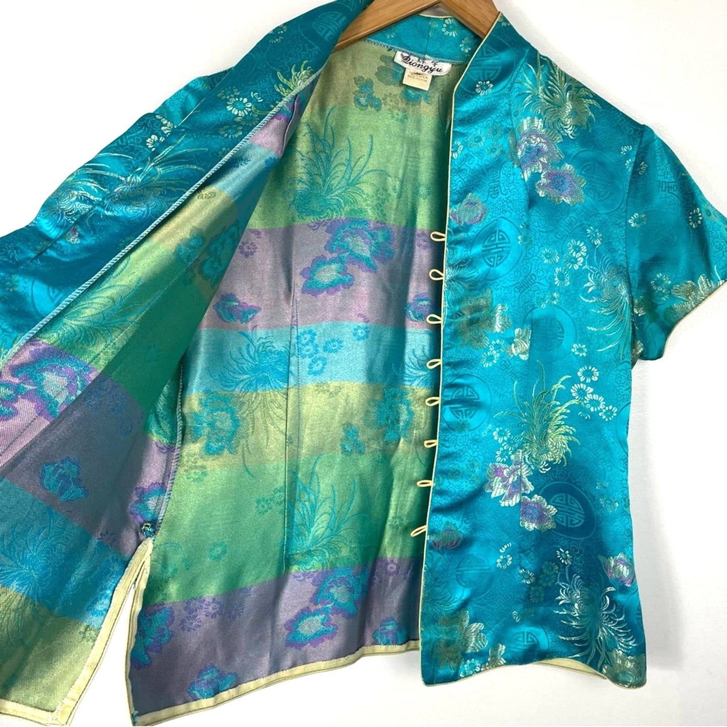 Vintage Silk Top Asian Style Button Down Blouse Blue