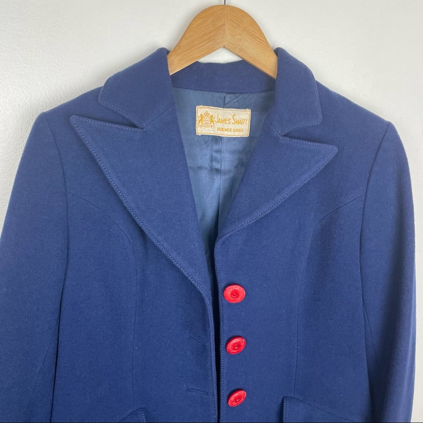 Wool Blue Blazer Red Buttons Vintage James Smart Medium