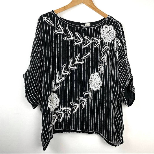 Vintage 100% Silk Beaded Floral Top Black & White