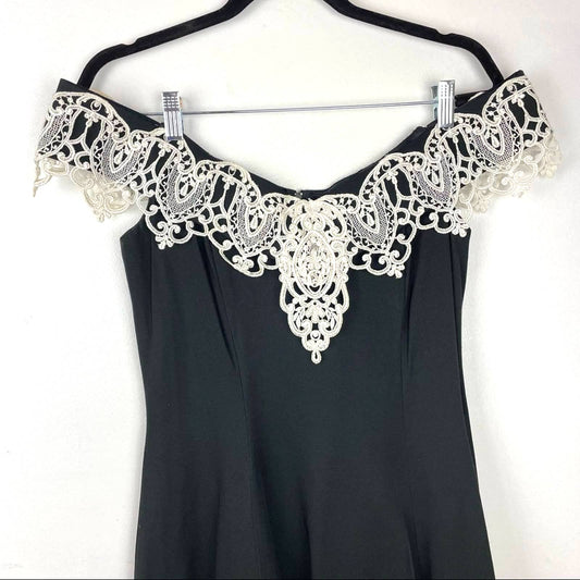 Vintage Black Off the Shoulder Dress Gunne Sax White Lace