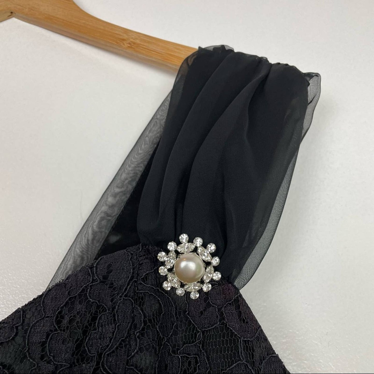 Vintage Black Lace Cocktail Dress Big Bow Pearls Rhinestones