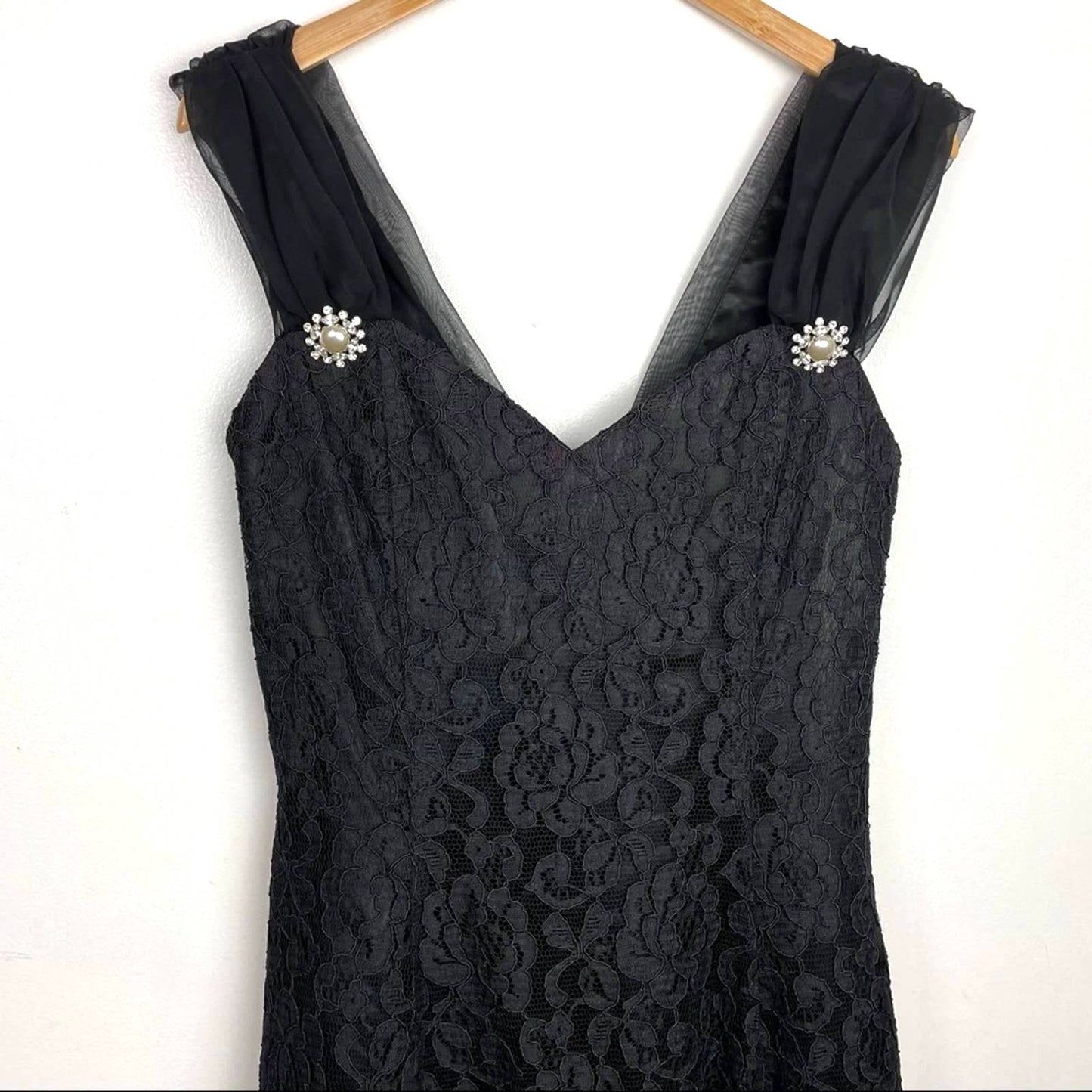 Vintage Black Lace Cocktail Dress Big Bow Pearls Rhinestones