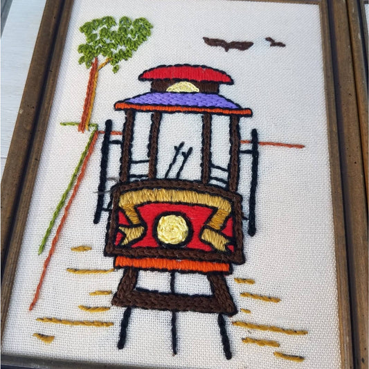 Vintage 70s Handmade Needlepoint Trolley & Boat