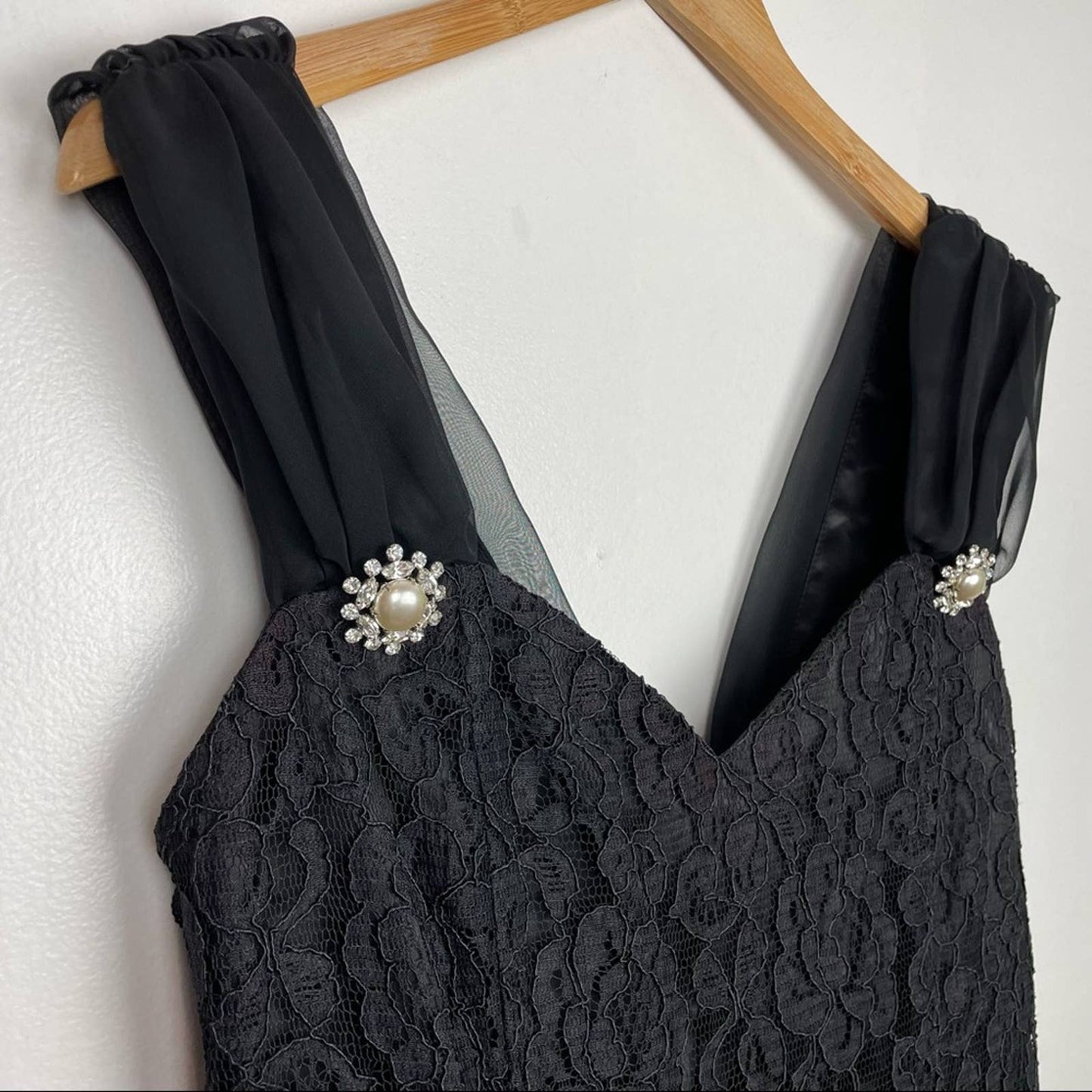 Vintage Black Lace Cocktail Dress Big Bow Pearls Rhinestones