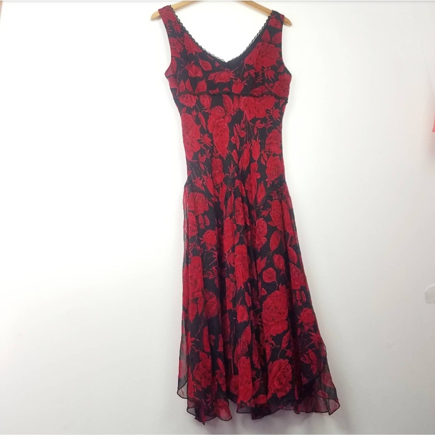 Mica | Red Rose 100% Silk Flowing Dress Vintage