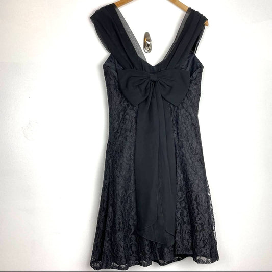 Vintage Black Lace Cocktail Dress Big Bow Pearls Rhinestones