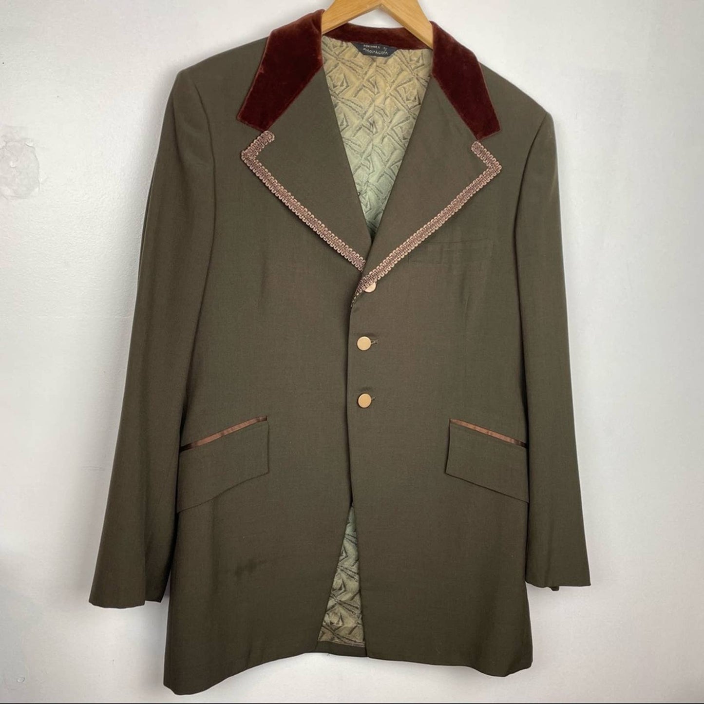 Vintage Mens Dress Jacket Blazer Smoking Jacket Green Brown Velvet