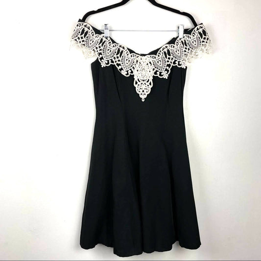 Vintage Black Off the Shoulder Dress Gunne Sax White Lace