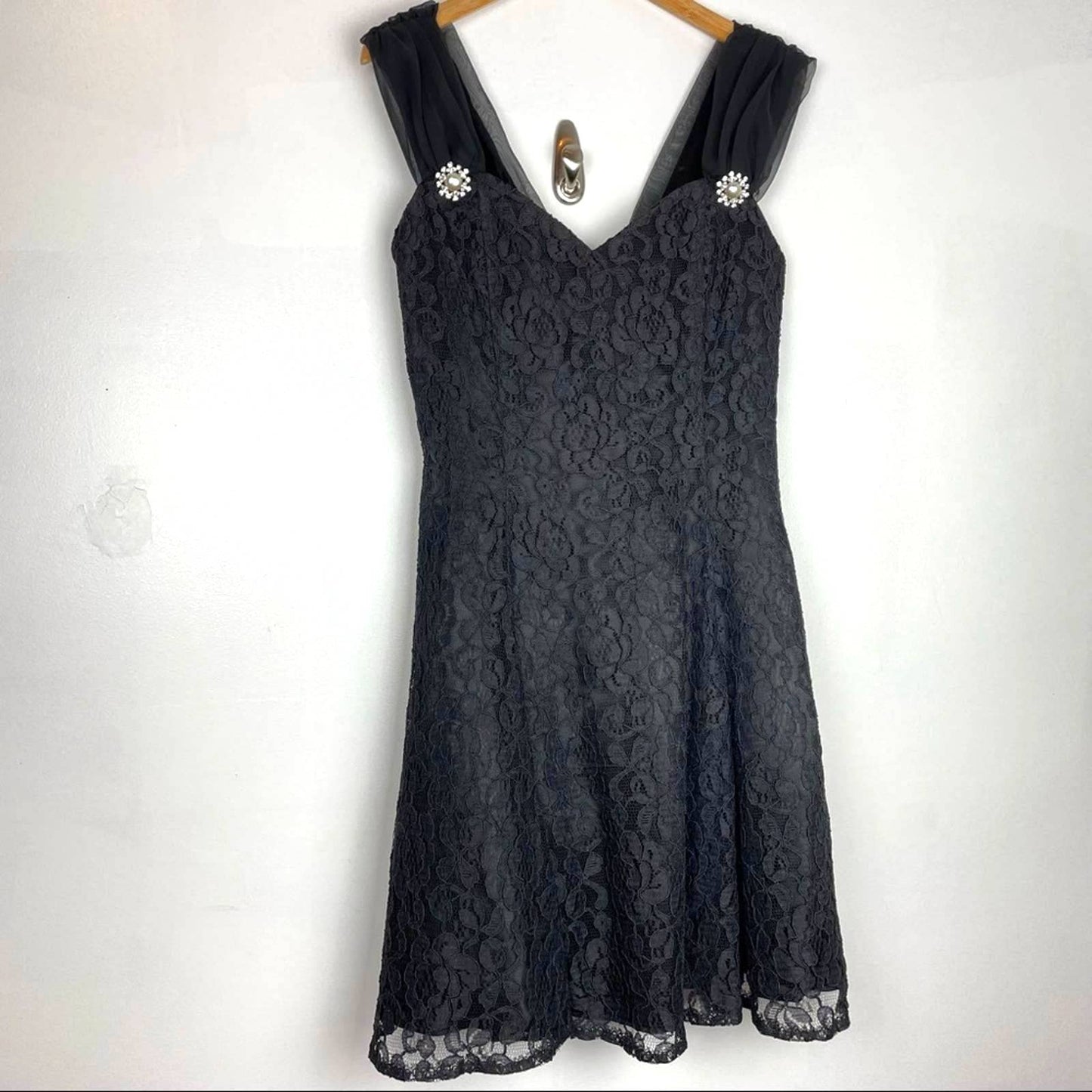 Vintage Black Lace Cocktail Dress Big Bow Pearls Rhinestones