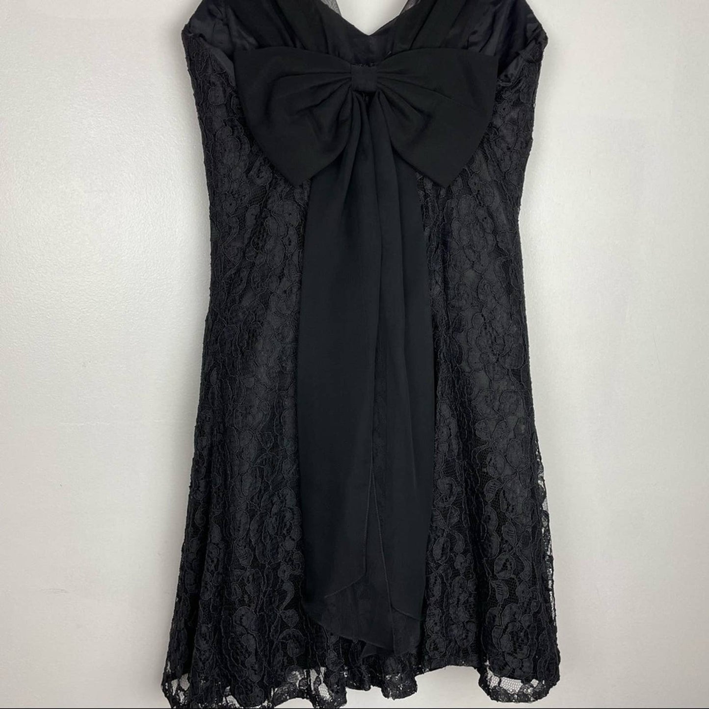 Vintage Black Lace Cocktail Dress Big Bow Pearls Rhinestones